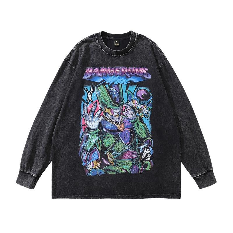 Heavy Cotton Men'S Top American Street Tide Cartoon Printing Washed Long-Sleeved T-Shirt Men And Women