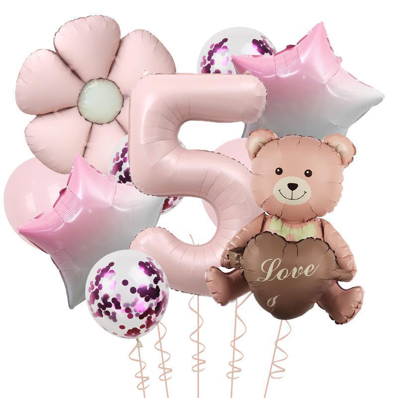 Matte Love Bear Colored Daisies 40 Inch Caramel Cream Aluminum Film Sequins Latex Balloon Birthday Set
