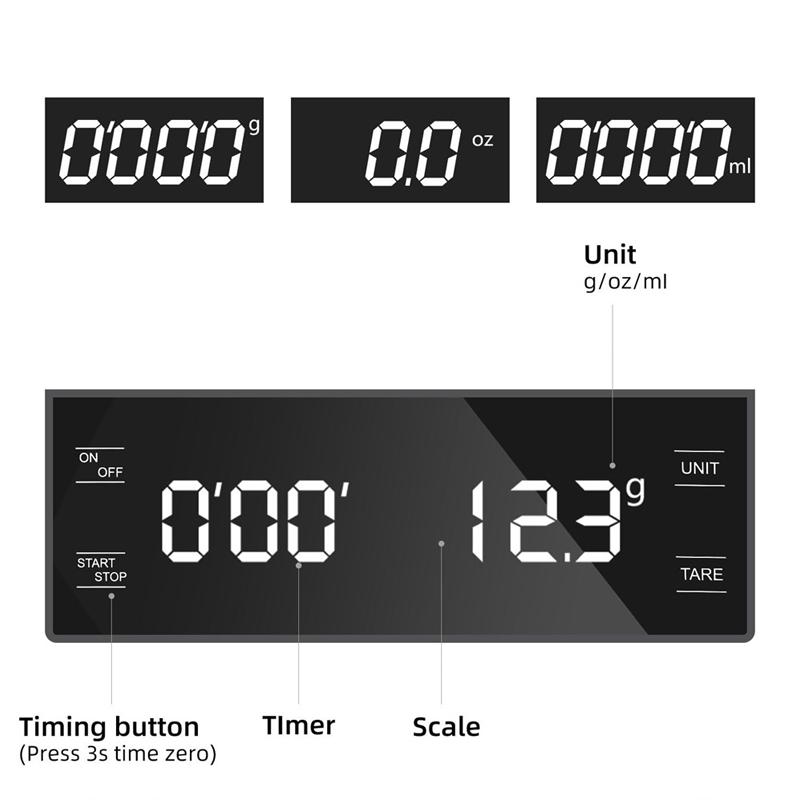 Kaffeskala med timer 0,1G/3Kg Høy presisjon LCD-skjerm Elektronisk Pour Over Drypp Espressoskala Kjøkken Matlaging Baking Digital Matvekt