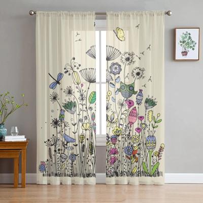 Vintage Elements Flower Sheer Curtains for Living Room Transparent Tulle Window Curtain Bedroom Kitchen Home Decor Veil Drapes