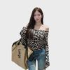In-Stock Spicy Leopard Print Off-Shoulder Top: Waist-Cinching, Slimming, Long-Sleeved T-Shirt