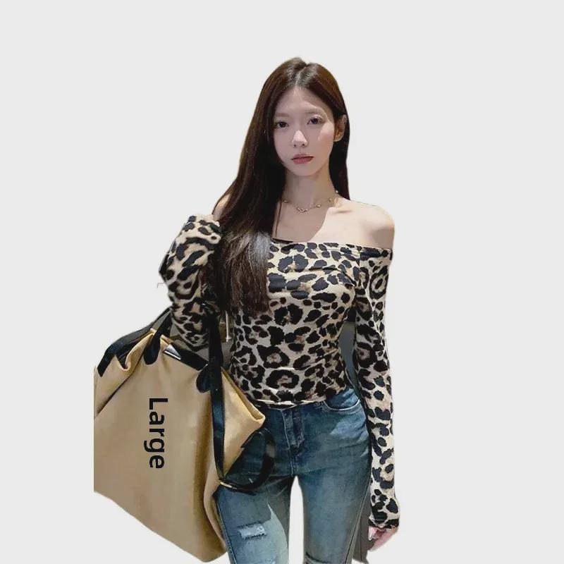 In-Stock Spicy Leopard Print Off-Shoulder Top: Waist-Cinching, Slimming, Long-Sleeved T-Shirt
