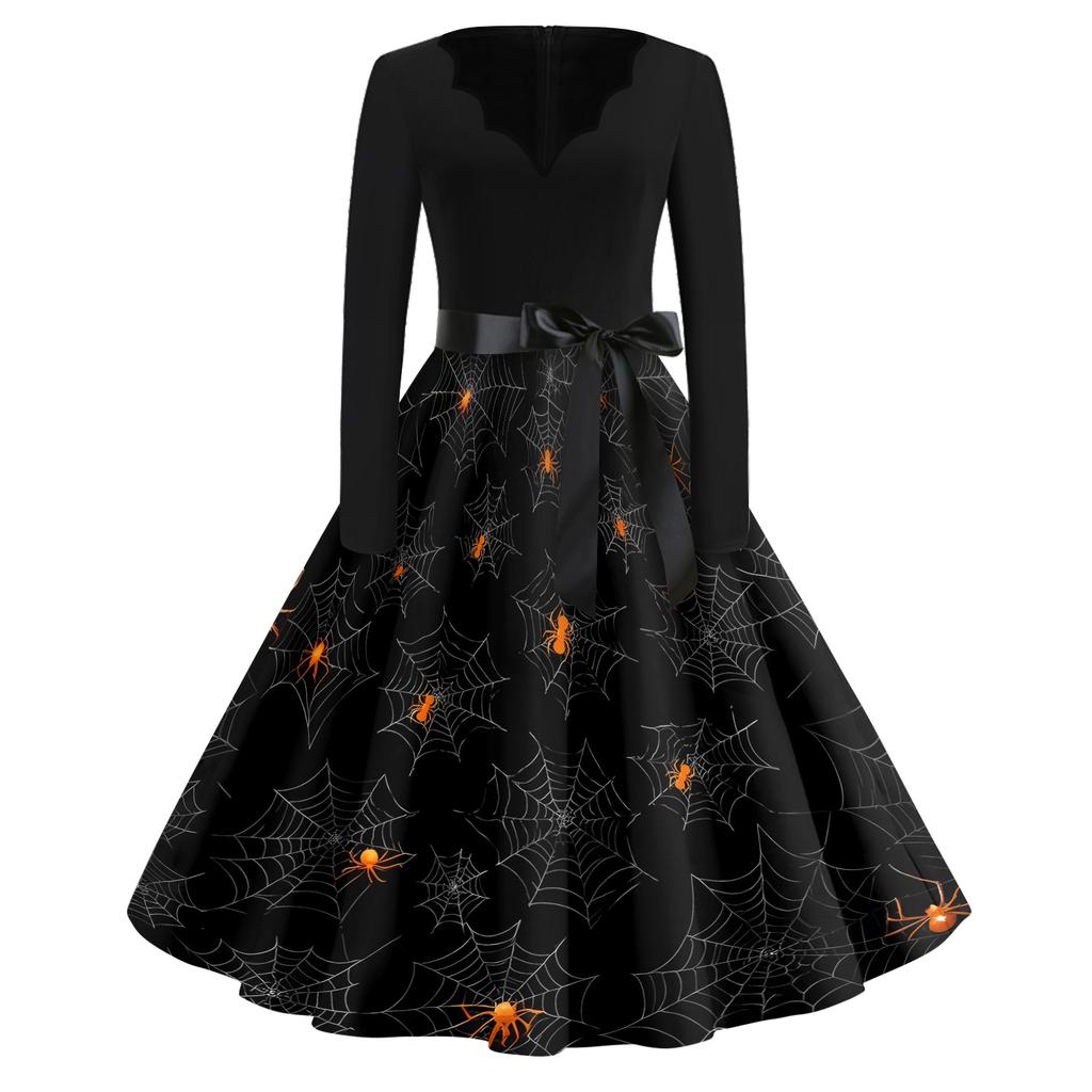 Women's Vintage Halloween Print V-Neck Dress, Casual Party Outfit for Celebrations