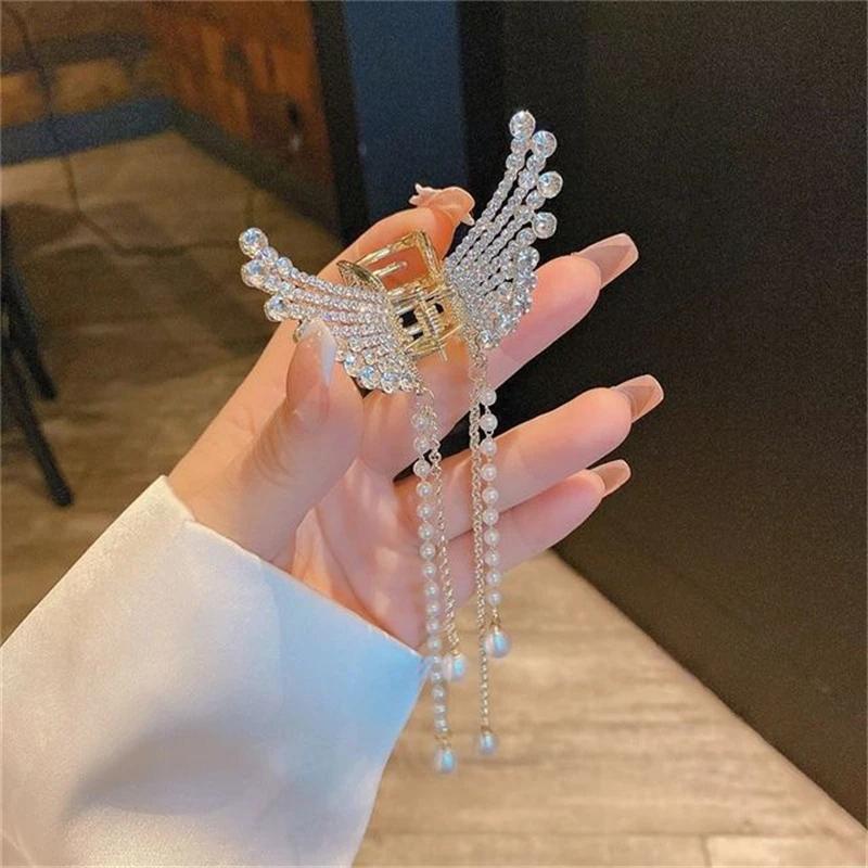 Exquisite Rhinestone Butterfly Fringe Hair Claw Korean New Ponytail Braid Pearl Hair Clip Girl Crab Metal Headdress Gift