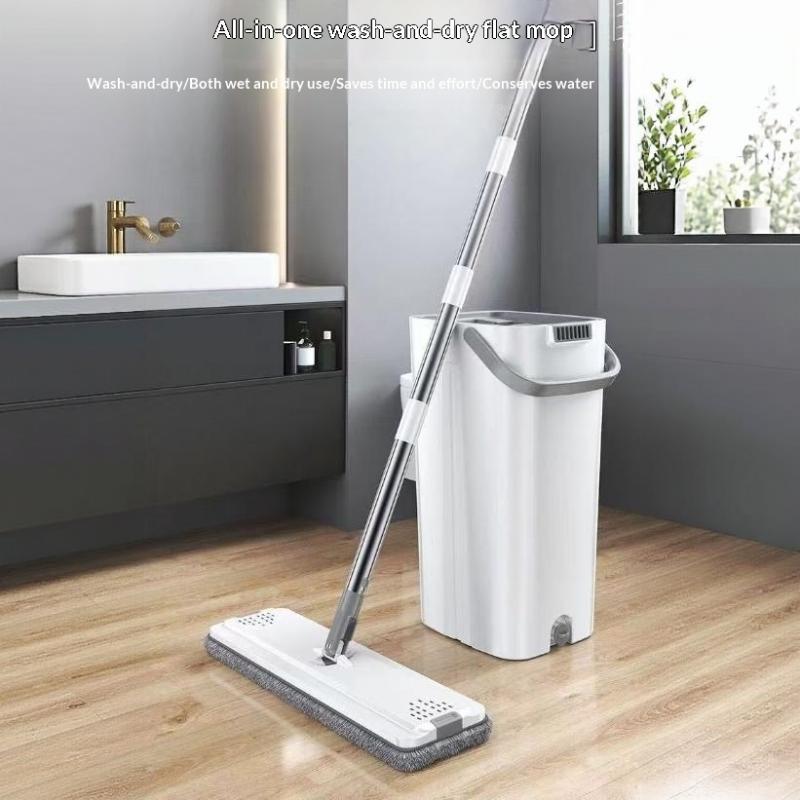 Self-Wringing Flat Mop With Bucket - Dry Wet Clean For Home Floors Kitchen Bathroom Durable Plastic Christmas Cleaning