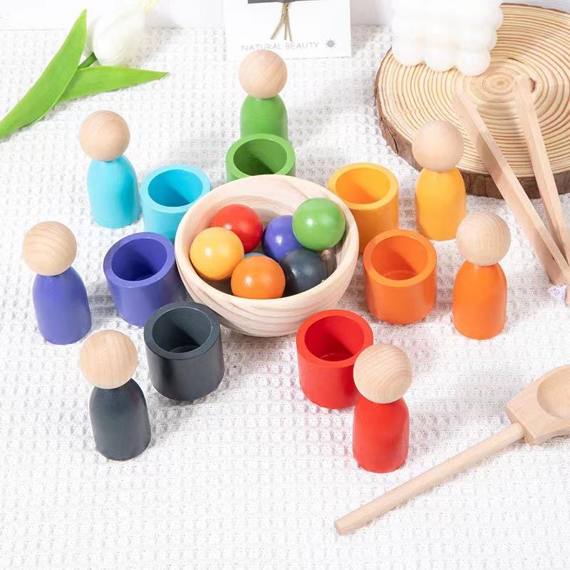 Children's New Puzzle Fun 12 Color Ball And Cup Color Classification Wooden Toy Clip Beads Color Cognitive Matching