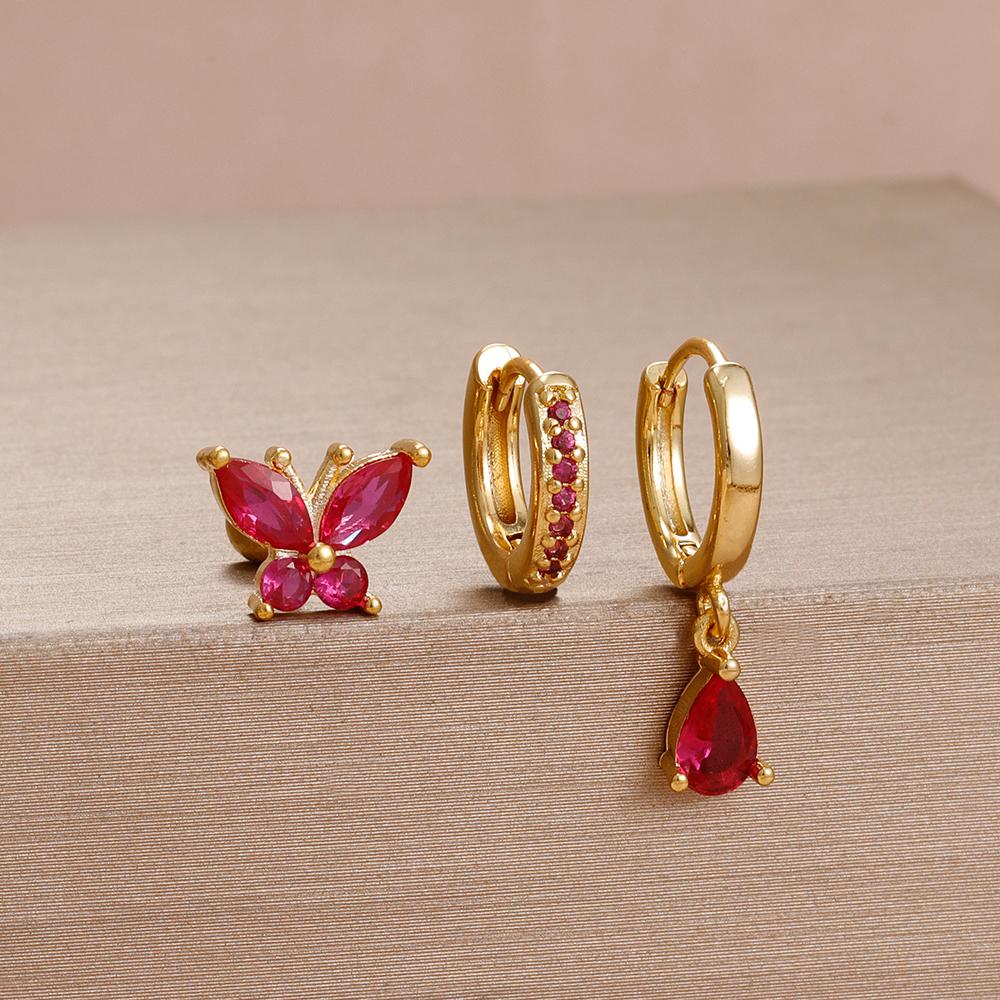3PCS Unique Stainless Steel Earrings Set for Women Rose Red Crystal Zircon Huggie Hoop Earring Wedding Romantic Jewelry