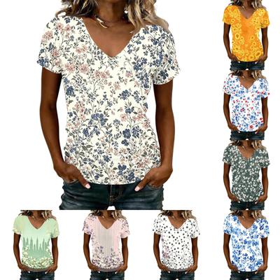 Women V Neck Short Sleeve Top Floral Print Casual Loose Fit T Shirt Lightweight Comfortable Blouse for Daily Wear