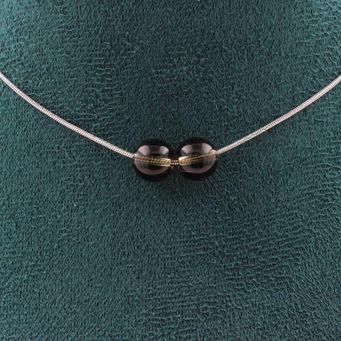 Pierres et Minéraux. Collier 2 perles Quartz fumé 8 mm Chaine en acier inoxydable Collier femmes, hommes. Taille personnalisable.