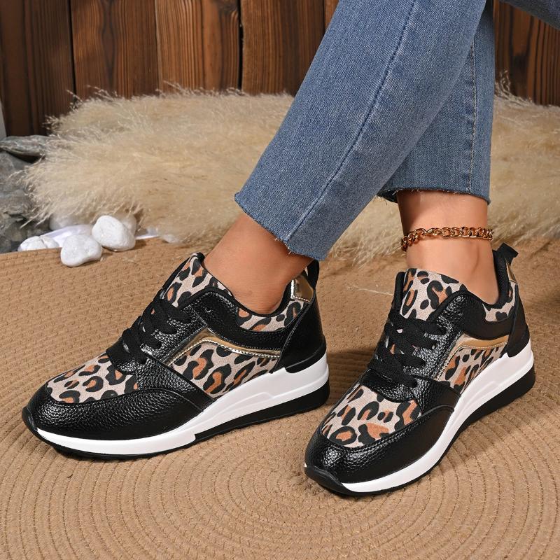 Mode 2025 Dames Outdoor Platform Ronde Neus Laag Uitgesneden Luipaard Sleehak Sneakers Dames Trend Veterschoenen Zapatos De Mujer