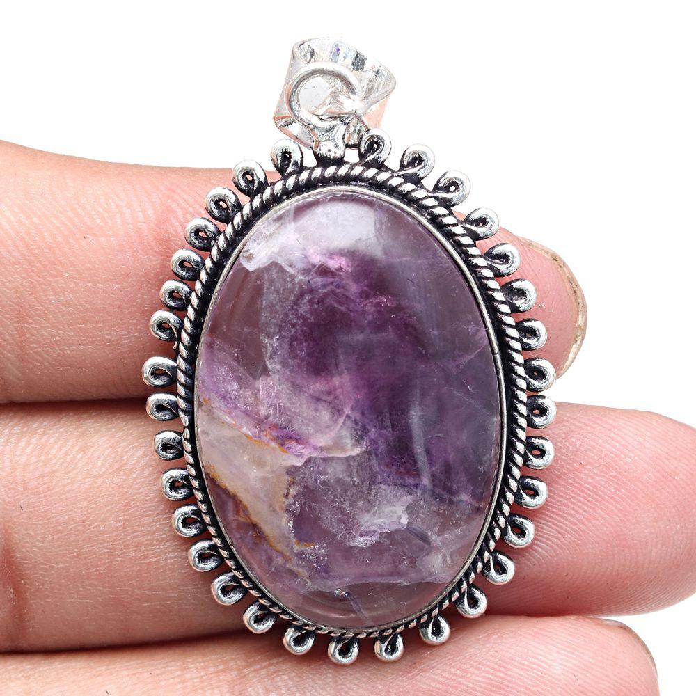 Pendant Fluorite Gemstone Handmade Mother'Day Gift Silver Jewelry 2"