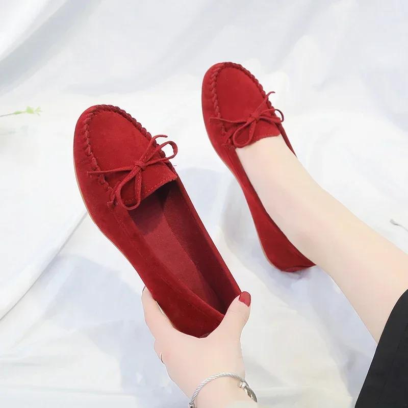 Suede Flat Wear-resistant Women's Shoes 2024 Autumn Shallow Mouth Casual Sports Bow Decoration Ballet Solid Color Women's Shoes