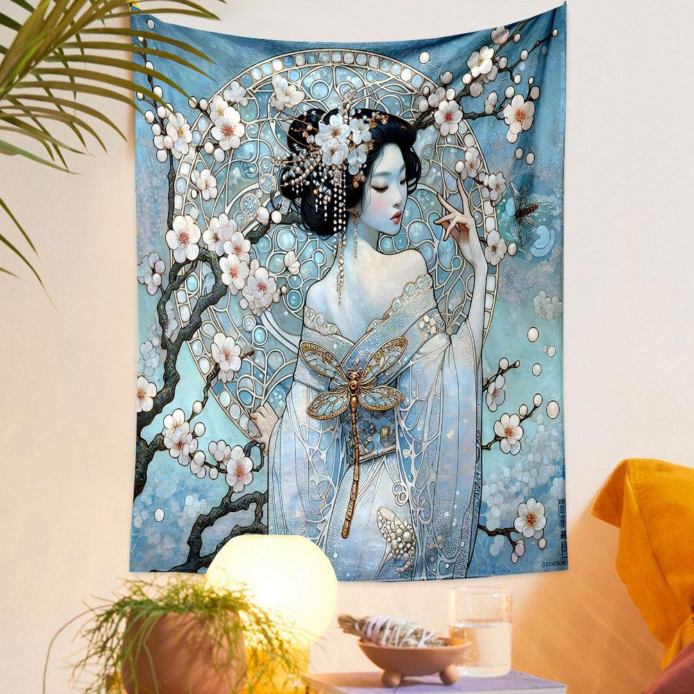 Elegant Lady with Blossoms and Dragonfly Patterned tapestry home decor, suitable for bedroom and living room, gift