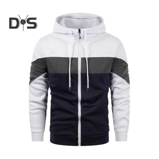 Осень-весна Мужская толстовка с капюшоном на шнурке с цветными блоками застежка-молния эластичные манжеты свободный кардиган с капюшоном длинные рукава спортивная повседневная куртка S белый 1855₽