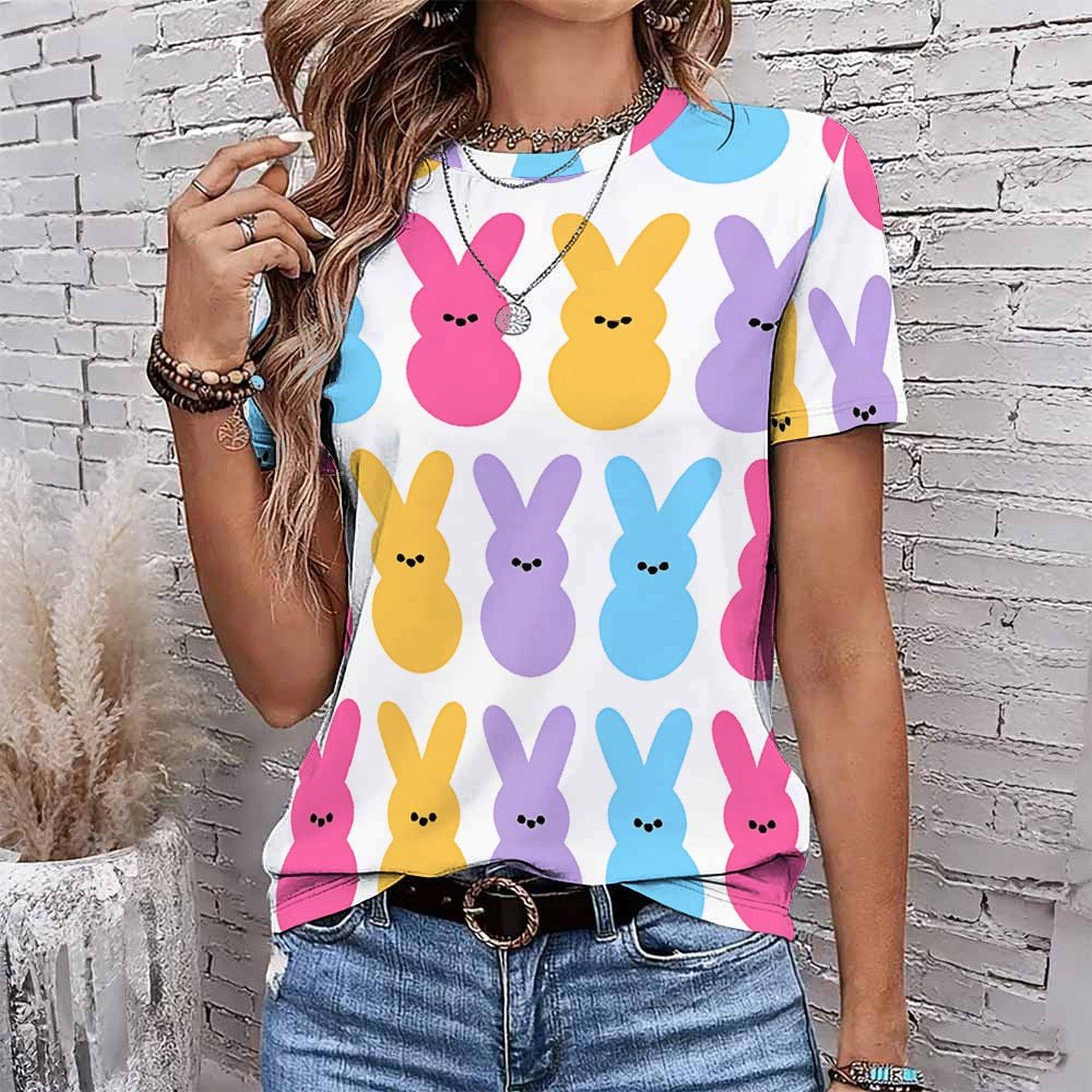 

Fashion Women Soft and Cute Rabbit Patterns Print T Shirt Funny Casual O-neck Short Sleeves T-shirt Summer Female Tee Shirt 8XL різнокольоровий