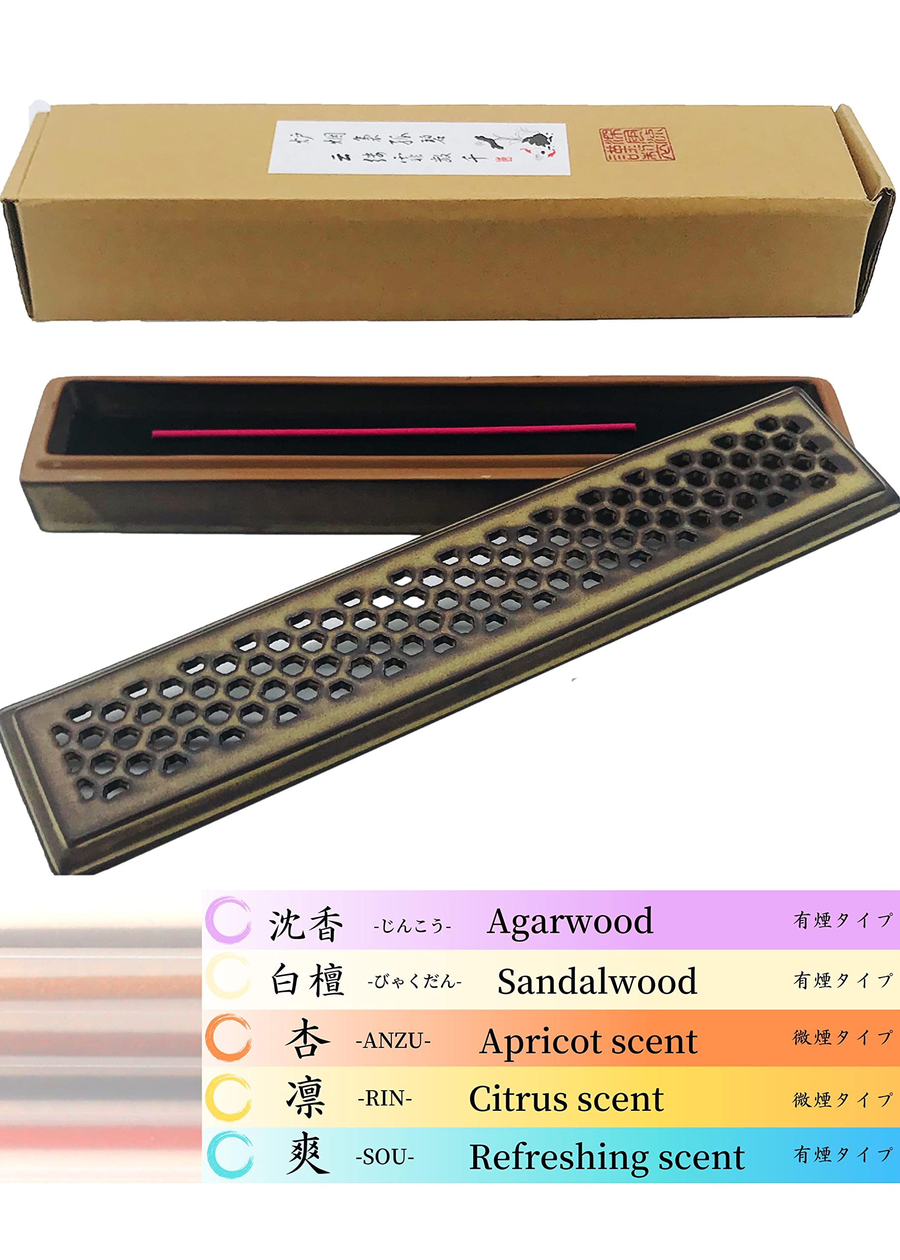 

A horizontal incense burner with a lid that lets you try five different scents with five types of incense Sandalwood Agarwood Apricot scent Citrus