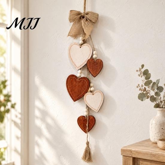 Rustic Wall Decor for Home Wooden Heart Hanging Ornament, Door Hanger with Bow, Pastoral Wood Craft Ornament Tassel, Farmhouse Window Decoration
