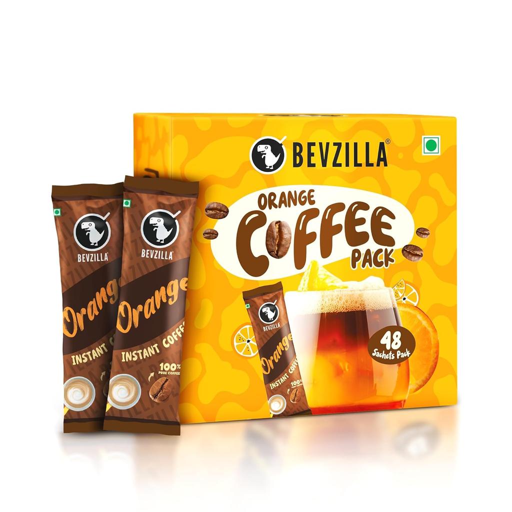 Bevzilla 48 Instant Coffee Powder Sachets (Orange) - 96 Grams | Makes 48 Cups|Arabica Coffee| Best For Espresso, Latte, Cappuccino