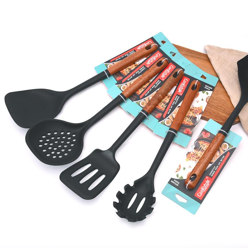 Multi-Color Silicone Wooden Handle Kitchenware Set Non Stick Pot Spatula And Spoon Cooking Utensils, Heat-Resistant