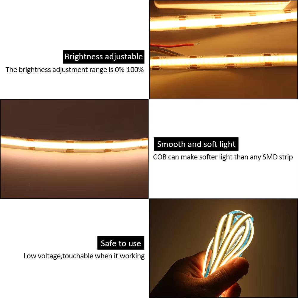 Dual Color Temperature COB LED Strip Light, 12V/24V, 608 LEDs, 5-10mm Wide, No Spotting, Cabinet Line Light.