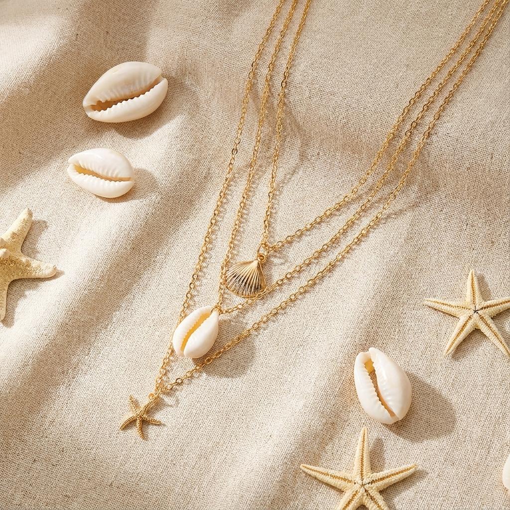 Boho Multilayered Necklace for Women Gold Color Starfish Scallop Shell Pendant Choker Chain Summer Beach Jewelry Accessories Gif