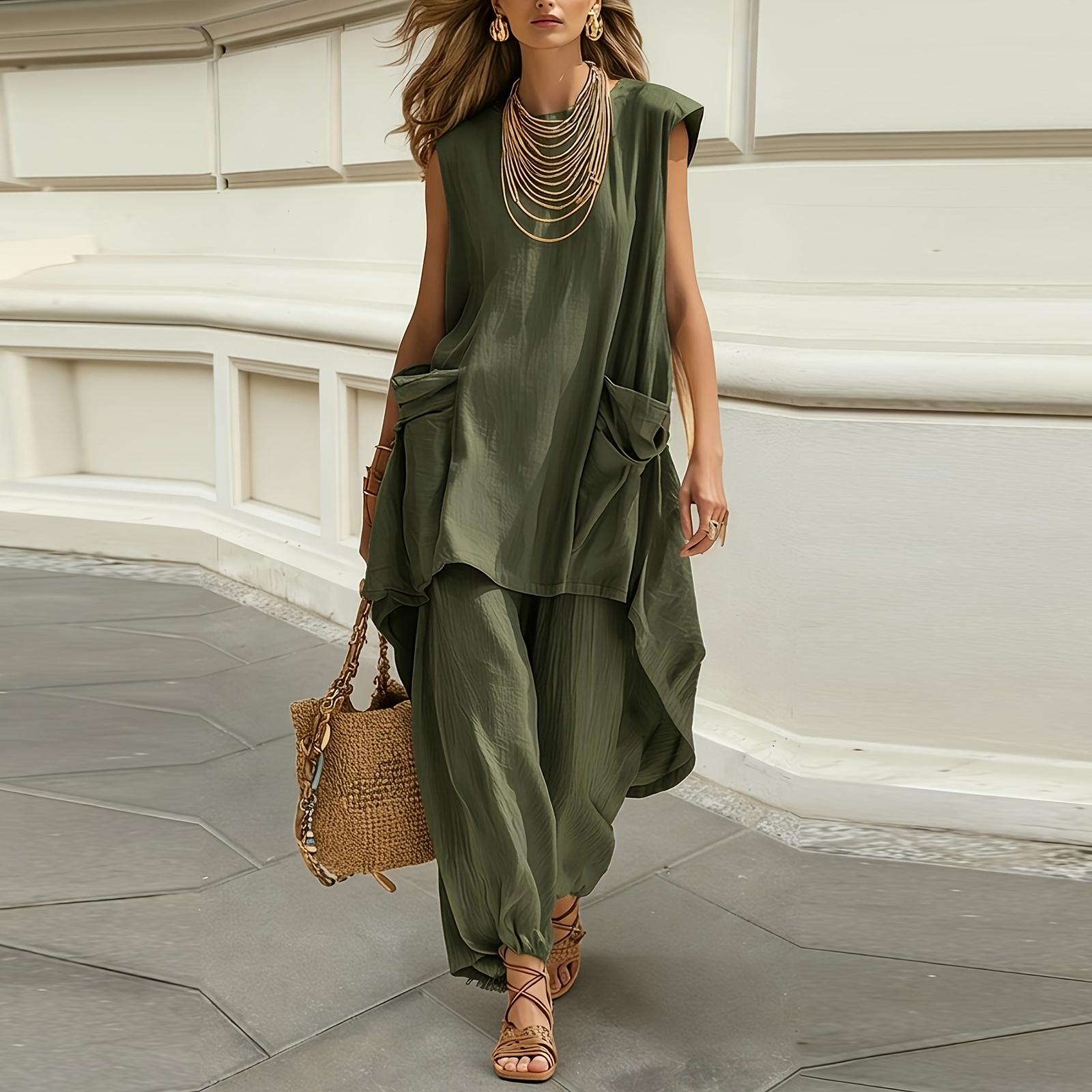 Women s Fashion Casual Round-Neck Resort Two-Piece Set L