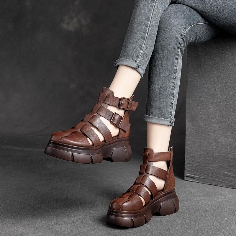 Fashion Hot Quality 6CM Retro Thick Heel Sandals for Women Genuine Leather Summer High Heel Closed Toe Sandals Buckle ZIP Platform Shoes