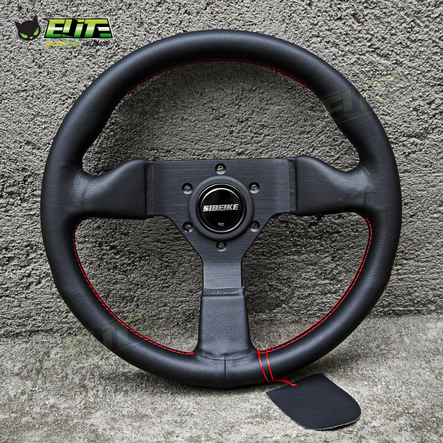 SIBEIKE Racing Sports Steering Wheel Universal Car Mini Leather Steering Wheel red stitching