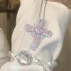 Y2K Pink Broken Ice Zircon Cross Pendant Necklace Romantic Shiny Jewelry for Women Romantic Date Dinner Party Wear