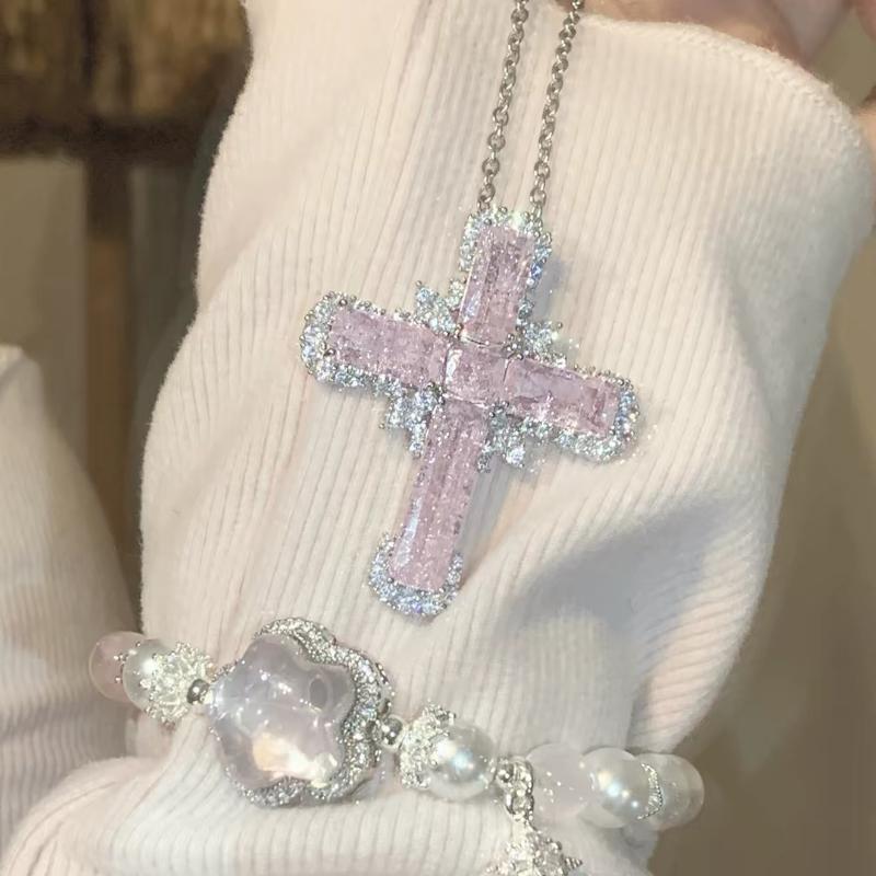 Y2K Themed Pink Broken Ice Zircon Cross Pendant Necklace Fun Stylish Jewelry for Women Retro Party Costume Match