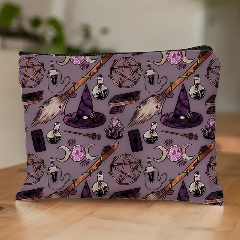 1pc Dark Purple Magi Theme Makeup Bag Chic Halloween Lightweight Foldable Travel Storagewith Witches' Hats,Cosmetic Bag