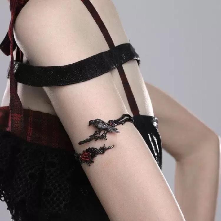 Elegant Floral Adjustable Metal Bracelet Dark Theme Crow Rose Designs Versatile Gothic Accessory