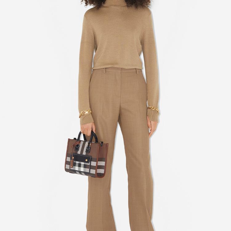 Burberry Freya Adjustable Shoulder Strap Button Closure Check Pattern Leather Tote Bag Women Tote Bags Deep-Walnut-Brown 80696611