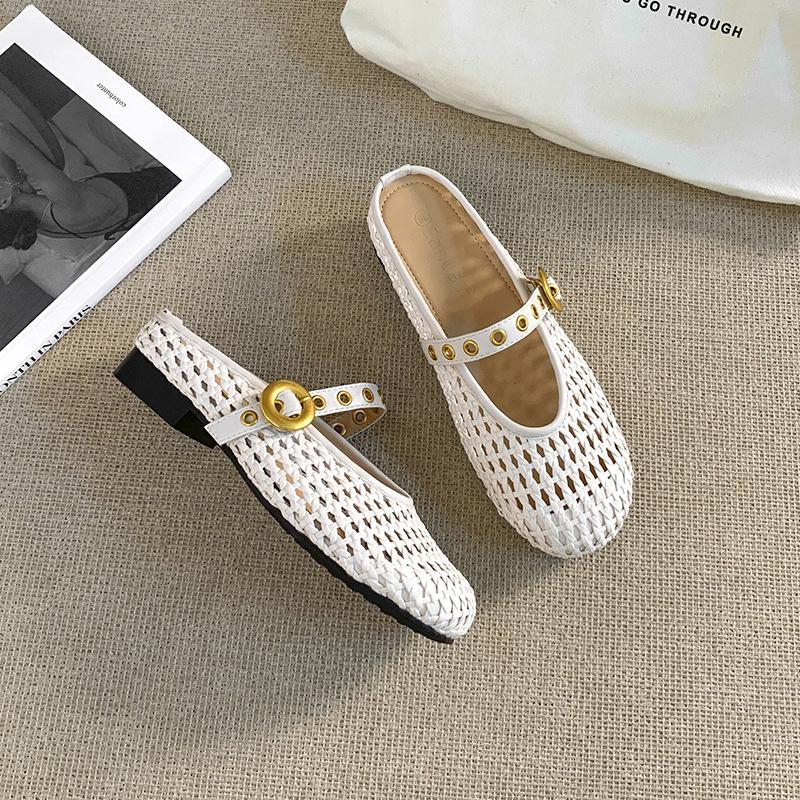 

Одно слово с металлической пряжкой, уличная одежда, дышащая сумка, головные сандалии, женские, с круглым носком, плетеные, полые, полушлепанцы 40