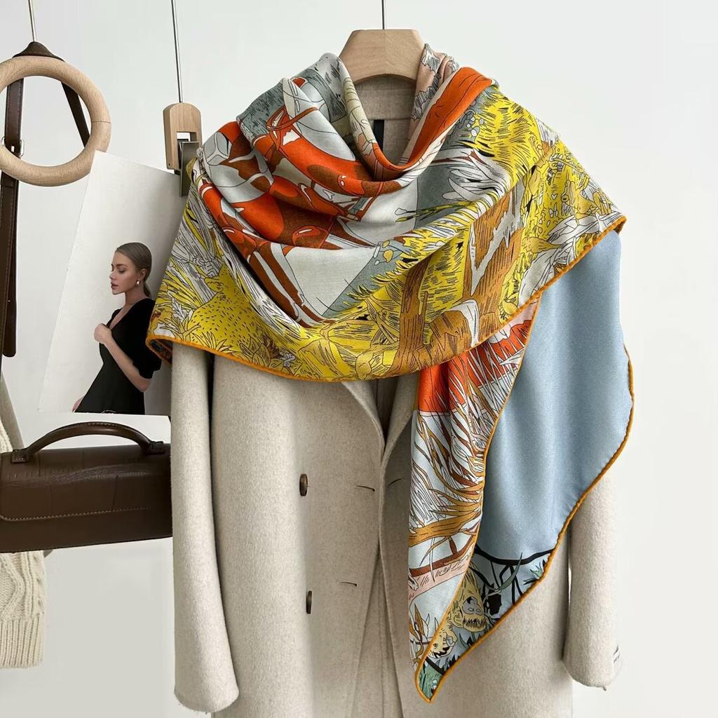 New silk wool square scarf women's versatile fashion autumn and winter warm silk silk scarf shawl silk wool square scarf