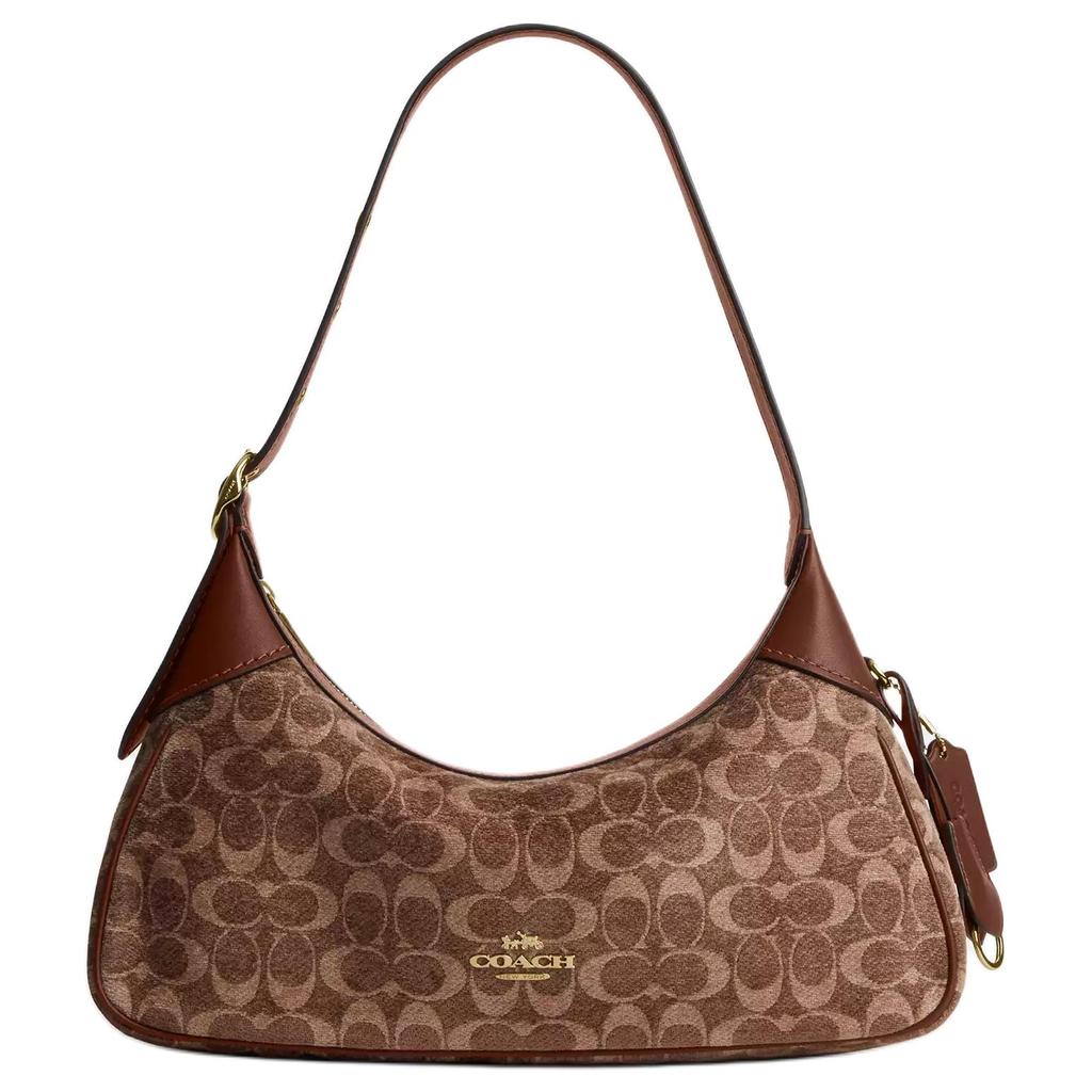 Coach Ella 35 Classic Monogram Print Chenille Velvet And Smooth Leather Tote Shoulder Bag Small Women Bags Light-Khaki Vintage-Brown CDV37-IMYN0