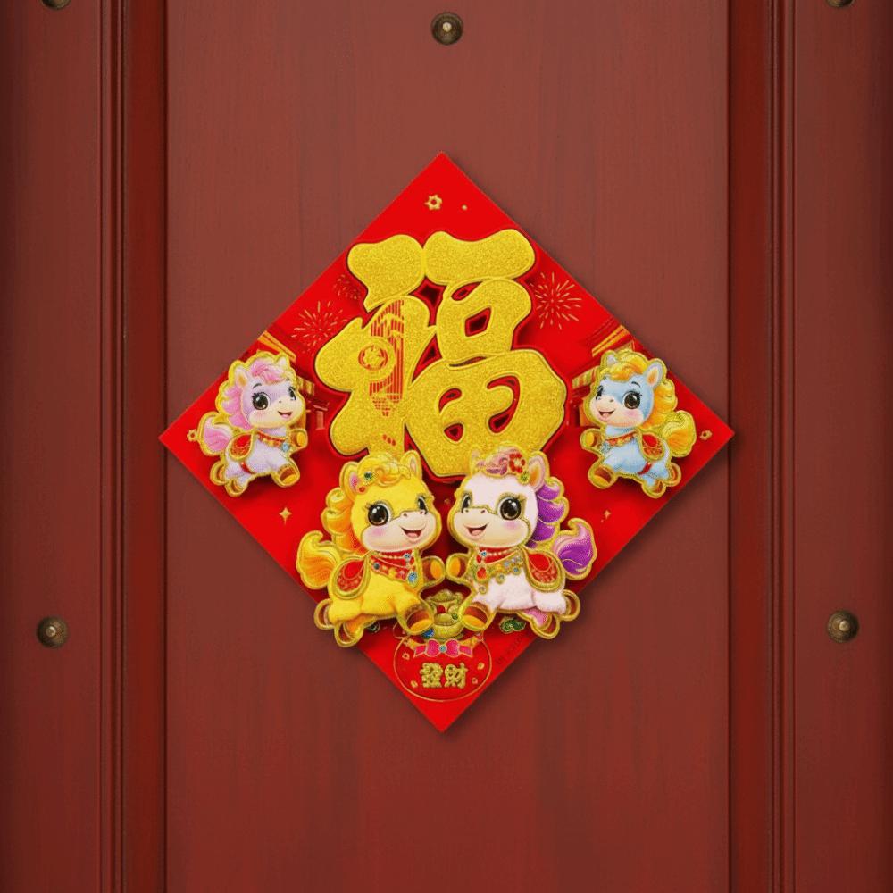 3D Horse Year Door Sticker Traditional Chinese Style New Year Lucky Wall Sticker Cartoon Blessing Door Sticker Spring Festival