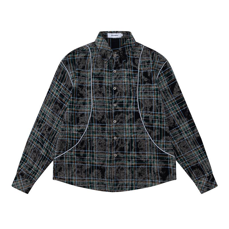 Men s autumn American retro tie-dye old plaid shirt jacket reflective strip shirt S чёрный