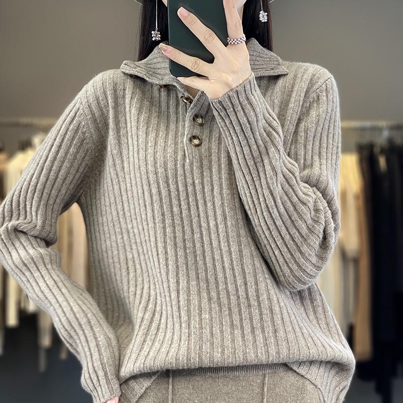 Women's Striped High Neck Wool Sweater - Half-Button, Slimming Fit, Autumn/Winter Knit Pullover