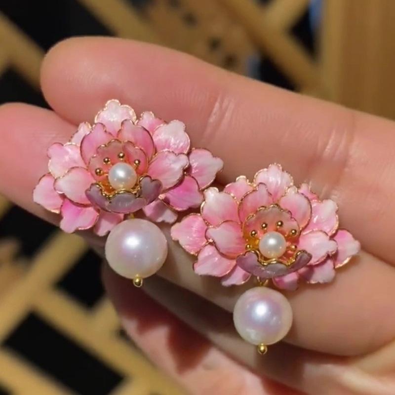 Rosa Öl Tropfen Blume Perlen Ohrringe süß mädchenhaft Herz Mode Steckerohrringe frisch Frühling Zubehör Ohrringe Damen