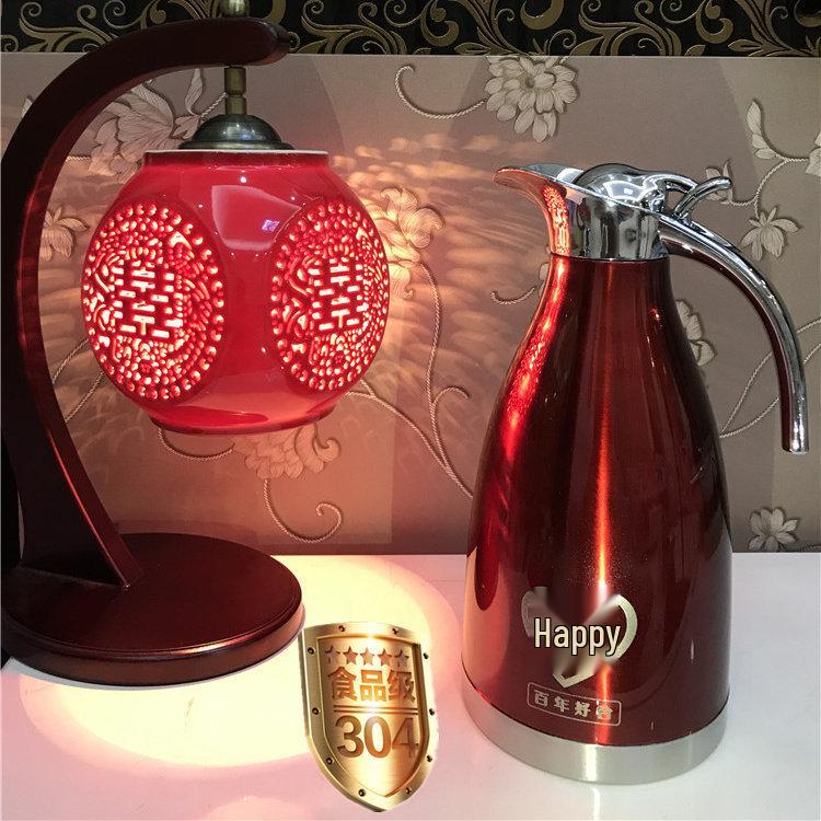 Red Stainless Steel Thermos Flask Set - Wedding Dowry Hot Water Bottles (Pair)