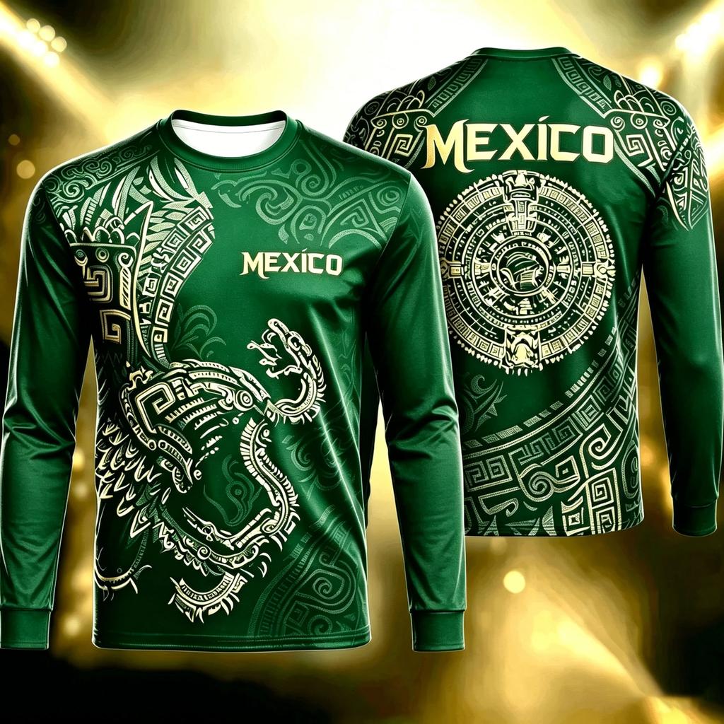 Mexico Eagle 3D Print Long Sleeve T-Shirt, Breathable Football Sports Casual Tops for Men Women