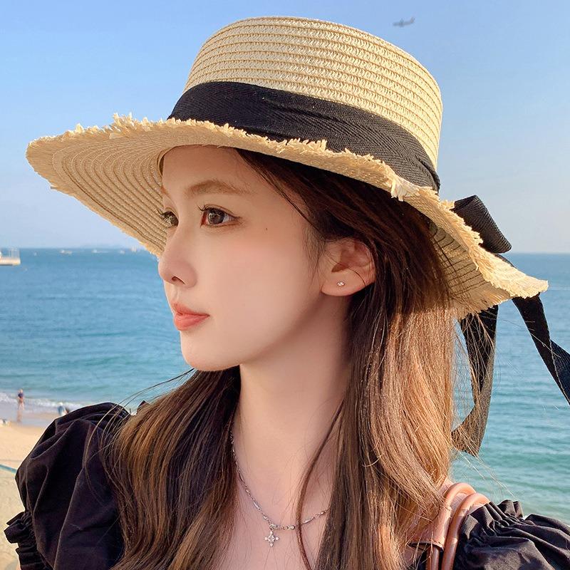 Summer Bow Sun Hat Female, Seaside Beach Vacation Sun Hat Outdoor Big Brim Sun Hat Sweet Straw Hat