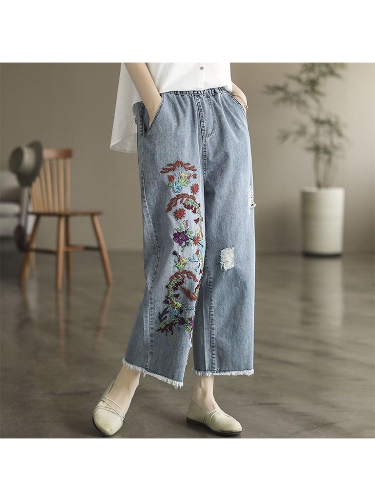 Women's Jeans Retro Exquisite Embroidery Summer Straight Leg Wide Leg Pants for Women