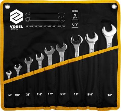 Open-end Wrenches, Crv, Inch 1/4""""-3/4"""", Set of 9 Pcs. 50880 VOREL
