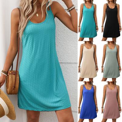 Neues einfarbiges Damenkleid mit Rundhalsausschnitt, Spaghettiträgern, locker und ärmellos