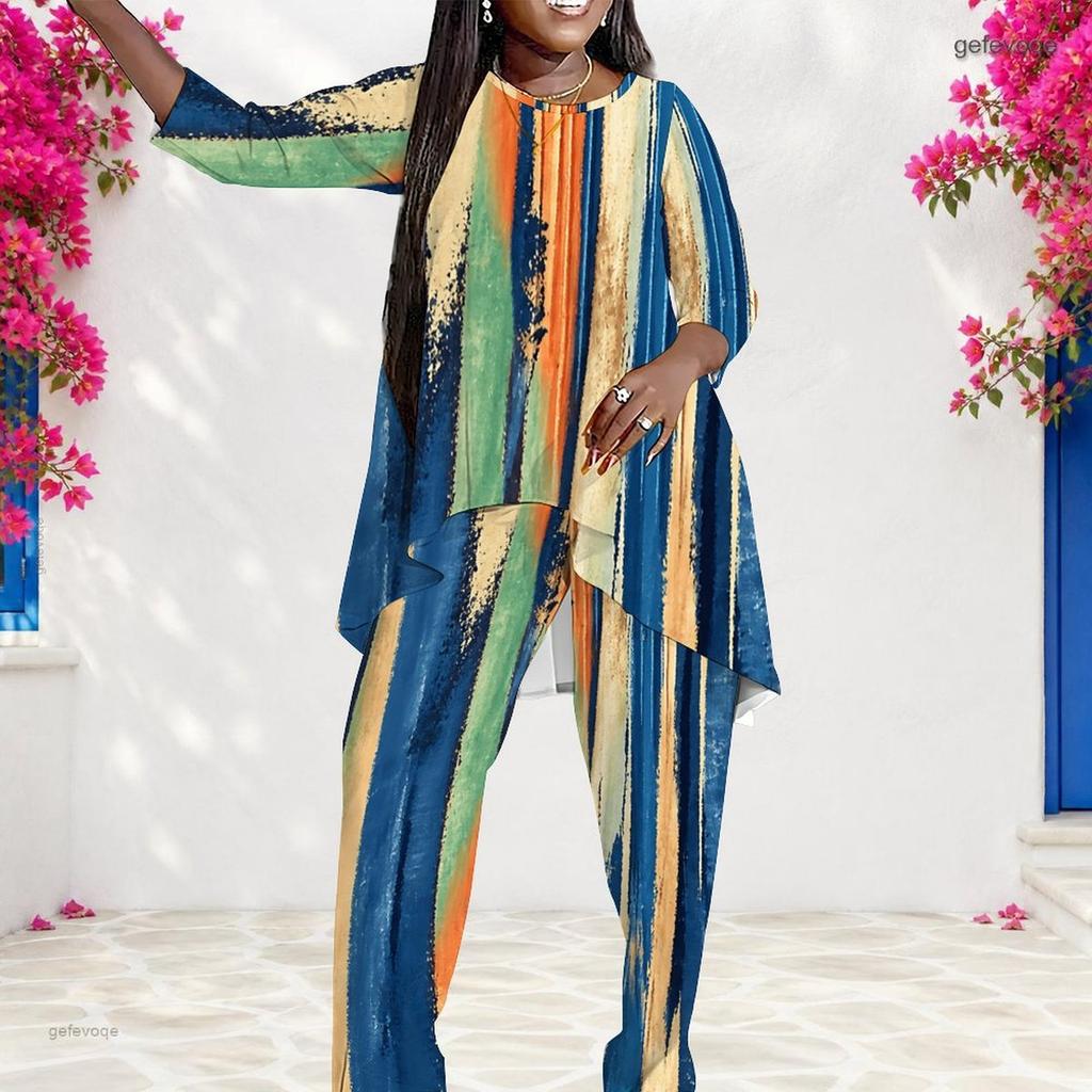 Women Plus Size Blue White Pink Printed Round Neck Long Sleeve Layered Two Piece Pants Set