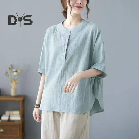 Women's Casual Two-Piece Set 3/4 Sleeve Crew Neck Button Top Wide Leg Pants Set Summer Loose Loungewear Outfit