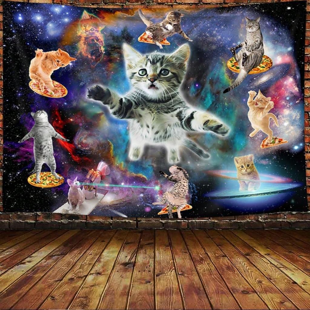 Fantasy Universe Galaxy Cat Tapestry Funny Cool Astronaut Kitty for Boys Kids Bedroom Living Room Dorm Decor