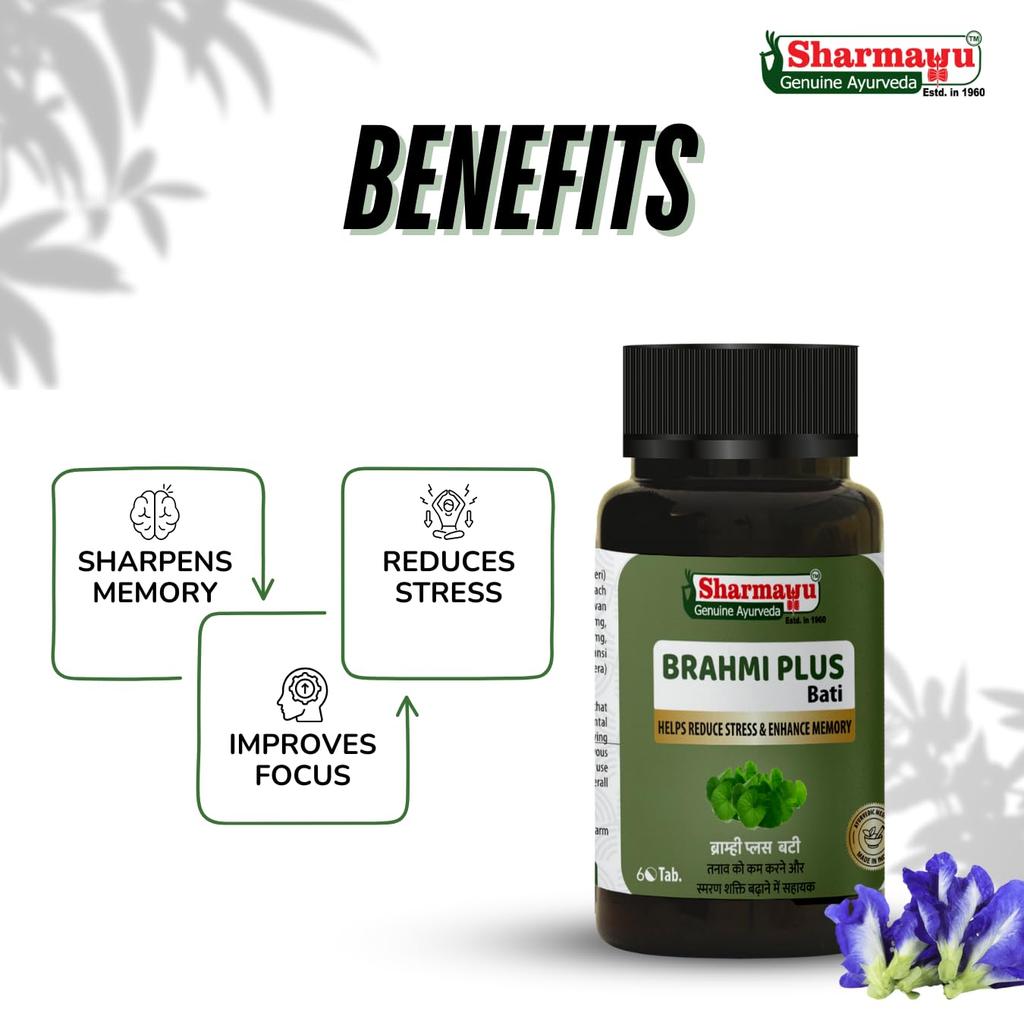 Sharmayu Brahmi Plus Bati (Brahmi Bati Buddhi Vardhak) – Ayurvedic Stress Relief & Memory Booster Tablets for Focus, Sleep & Mental Clarity – 60